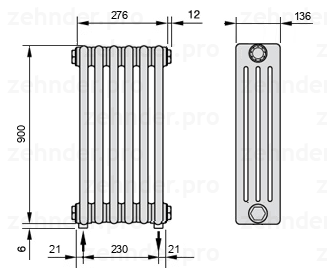 Схема (чертеж) Радиатор Zehnder Charleston 4090/6 №5310 Белый глянцевый RAL 9016